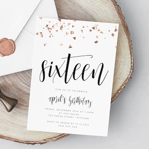 Editable Rose Gold 16th Birthday Party Invitation Download Printable Digital Template Confetti Teen Girl Modern Sweet Sixteenth Invite Z4