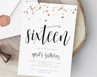 Editable Rose Gold 16th Birthday Party Invitation Download Printable Digital Template Confetti Teen Girl Modern Sweet Sixteenth Invite Z4
