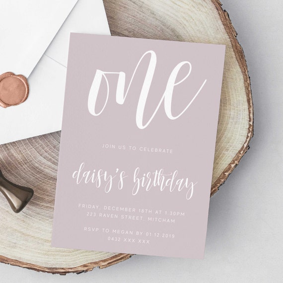 Chic 1st Birthday Invitation, Minimalist Blush Pink White Editable Template Printable Instant Download Girl's Pastel Invite Kids 2nd 3rd Z42
