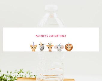 Editable Water Bottle Labels, Party Animals Birthday Decor, Wild One Safari Animals Zoo Printable Bottle Labels, Safari Jungle Decor Z293