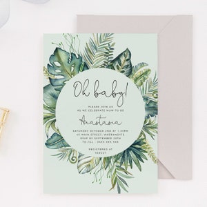 Greenery Baby Shower Invitation INSTANT DOWNLOAD Template Jungle Leaf Baby Shower Invitation Baby Sprinkle Invitation Oh Baby Invite B5 image 1