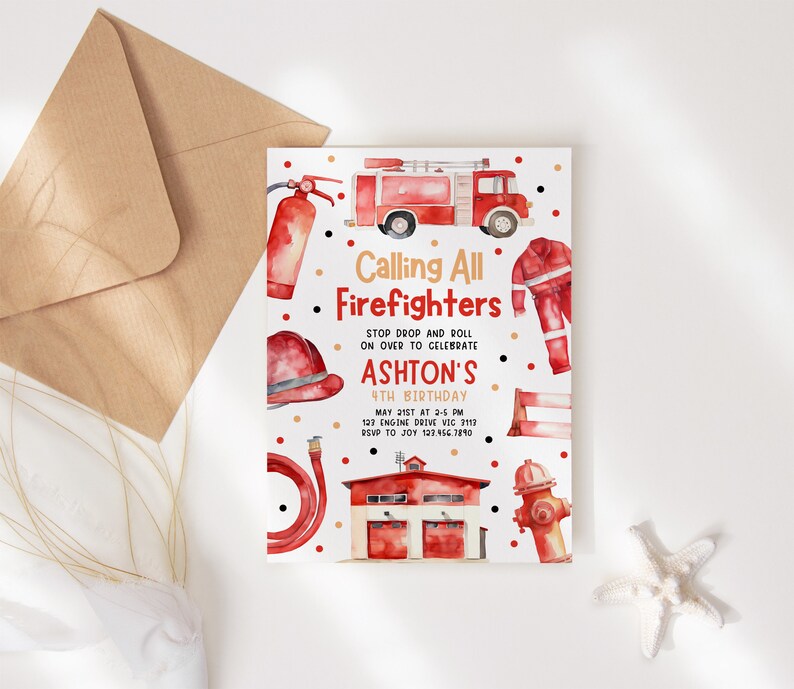 a card with a fire truck and fire hydrant on it