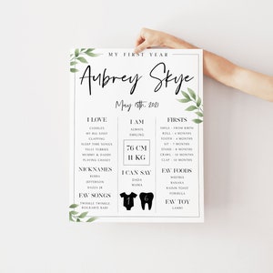 May include: A white printable poster with green leaves in the corners. The poster is a baby's first year milestone chart with the name Aubrey Skye and the date May 18th, 2021. The poster lists milestones, favorite foods, songs, and toys.