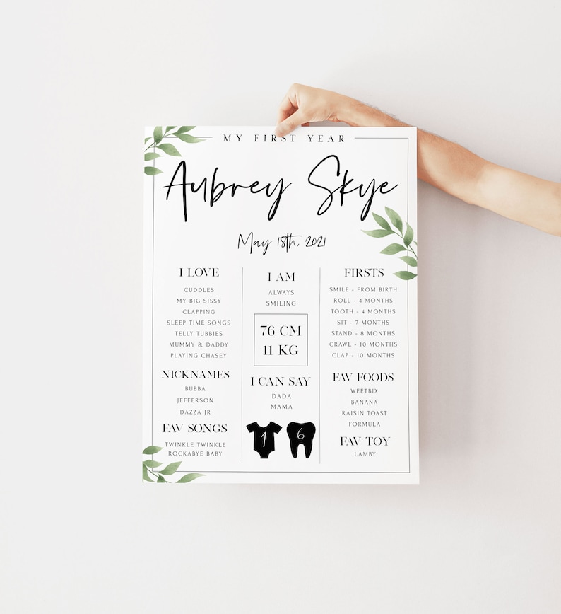 May include: A white printable poster with green leaves in the corners. The poster is a baby's first year milestone chart with the name Aubrey Skye and the date May 18th, 2021. The poster lists milestones, favorite foods, songs, and toys.