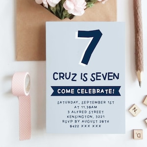 Editable Navy Blue 7th Birthday Party Invitation Download Printable Digital Template Simple Boys Pastel Blue Kids Seventh Bday Invite Z142
