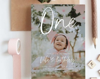 Editable Photo 1st Birthday Party Invitation Download Printable Digital Template Photo Card Bday Invite Girl Boy Baby First Bday Invite Z11