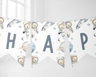 Space Birthday Banner, Editable Template Printable DIY Kids Boys Teddy Bear Astronaut Galaxy Planets Instant Download Party Decor Sign Z355