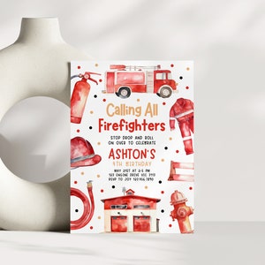 a firetruck themed birthday party with a fireman's birthday card