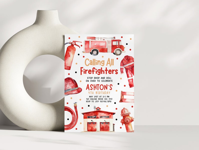 a firetruck themed birthday party with a fireman's birthday card
