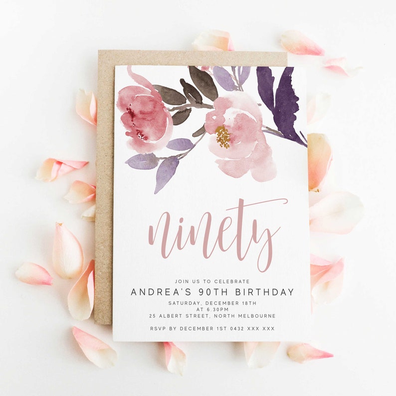 Editable Floral 90th Birthday Party Invitation Download Printable Digital Template Modern Pink Watercolor Wild Flowers Women Bday Invite Z35 image 2