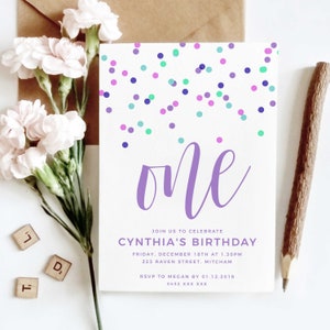 Kids 1st Birthday Invitation Template, Instant Download Printable Modern Bright Confetti Colorful Purple Sprinkles Party Invite DIY Z46
