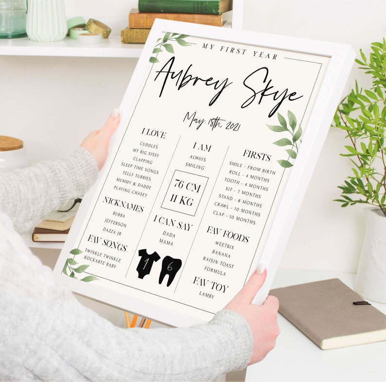 May include: A white printable poster with green leaves and black text. The poster is a baby's first year milestone chart. It includes the baby's name, Aubrey Skye, birthdate, May 15th, 2021, and details about the baby's first year, such as weight, height, favorite foods, songs, and toys.