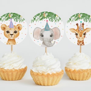 Party Animals Cupcake Toppers, Editable Template Safari Jungle Animals Party Decor, Wild One Zoo Animal Favor Tags Printable DIY Z293