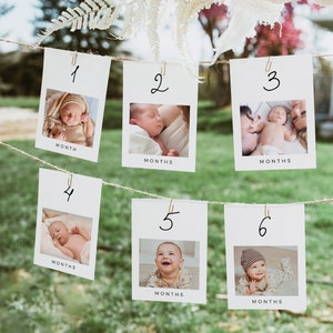 First Birthday Monthly Photo Banner Editable Baby&#39;s First Year Photos Modern 1st Birthday Printable Photo Banner Editable Template DIY Z15
