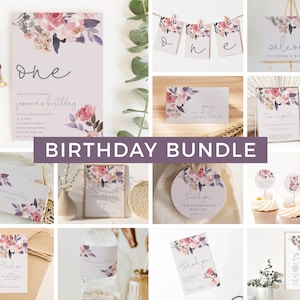Editable Blush Pink Floral Party Package, Printable Decorations, 1st Birthday Invitation Bundle Set Templates, Instant Download Digital Z14