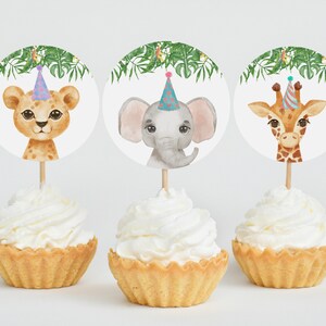 Party Animals Cupcake Toppers, Editable Template Safari Jungle Animals Party Decor, Wild One Zoo Animal Favor Tags Printable DIY Z293