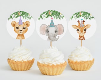 Party Animals Cupcake Toppers, Plantilla editable Safari Jungle Animals Party Decor, Wild One Zoo Animal Favor Tags Imprimible DIY Z293