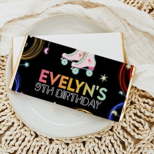 Chocolate Bar Wrapper, Galaxy Roller Skate Teen Girls Birthday Rainbow Neon Editable Printable Instant Download DIY Candy Wrapper Favor Z322