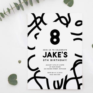 Editable Black & White 8th Birthday Party Invitation Download Printable Digital Template Modern Minimalist Fun Kids Boys Eighth Invite Z271