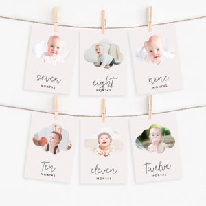 First Birthday Photo Banner 1st Birthday Photo Banner Modern Pink Cloud Monthly Milestone Photo Cards Baby&#39;s First Year Banner Template Z73
