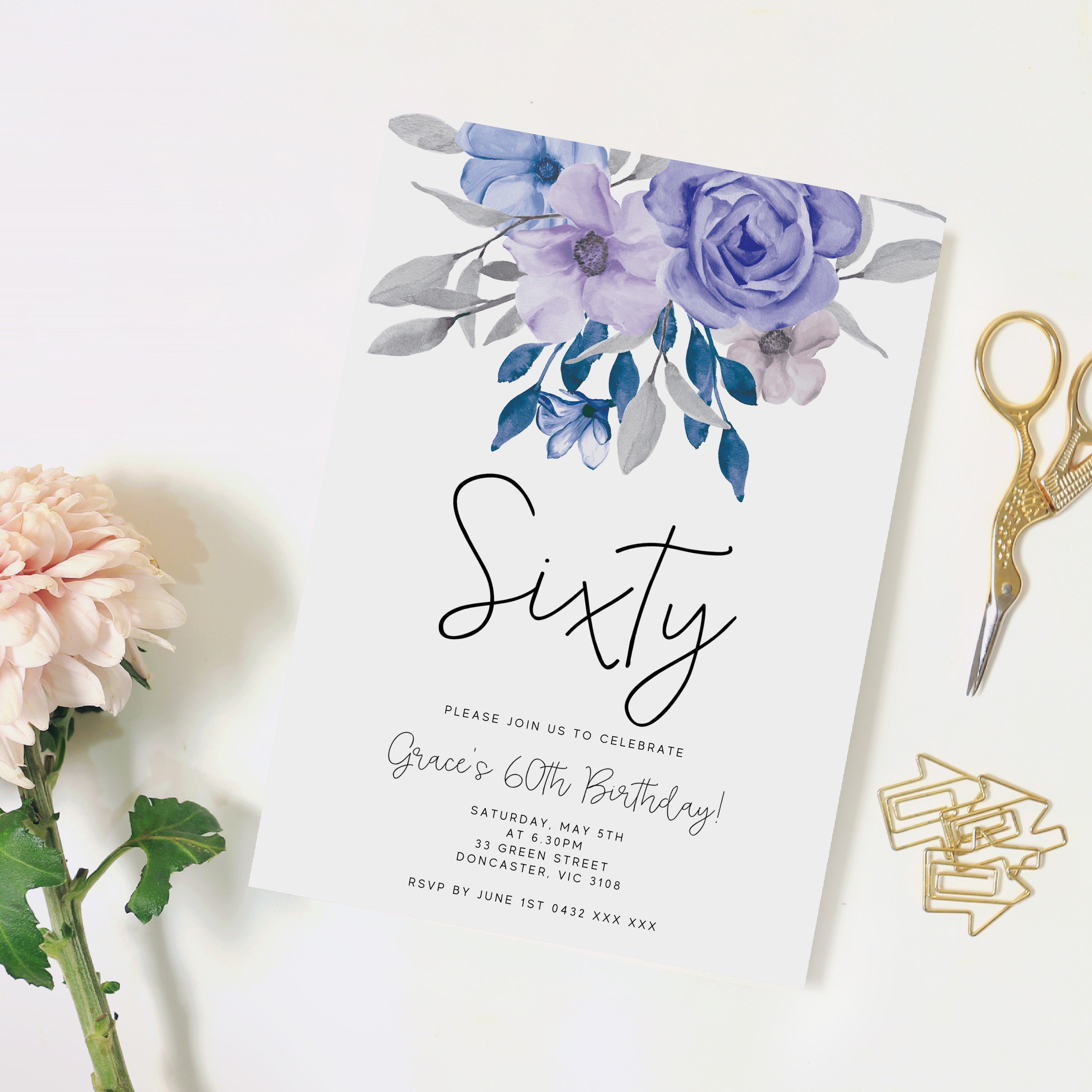 Floral Purple 60th Birthday Invitation INSTANT DOWNLOAD | Etsy