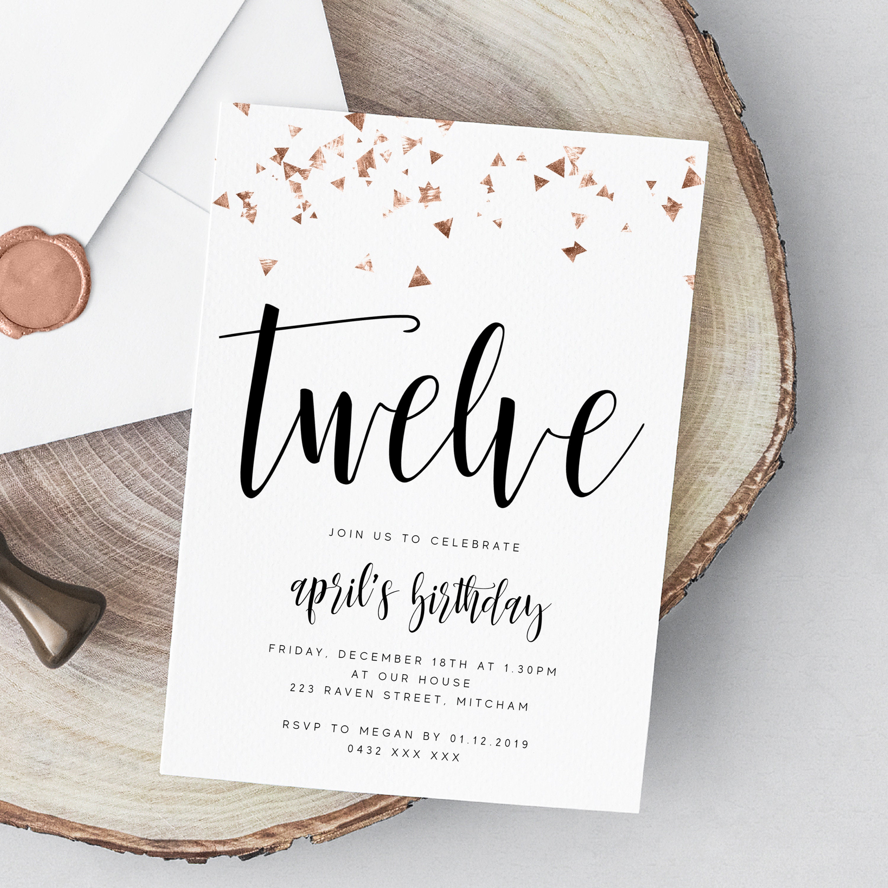 Editable Rose Gold 12th Birthday Party Invitation Download Printable Digital Template Confetti Glitter Girl Modern Twelfth Bday Invite Z4