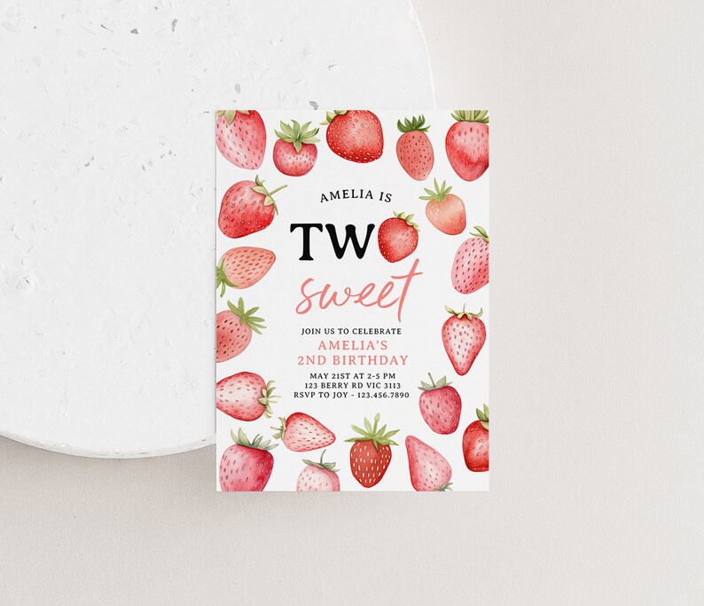 a strawberry themed sweet birthday party card