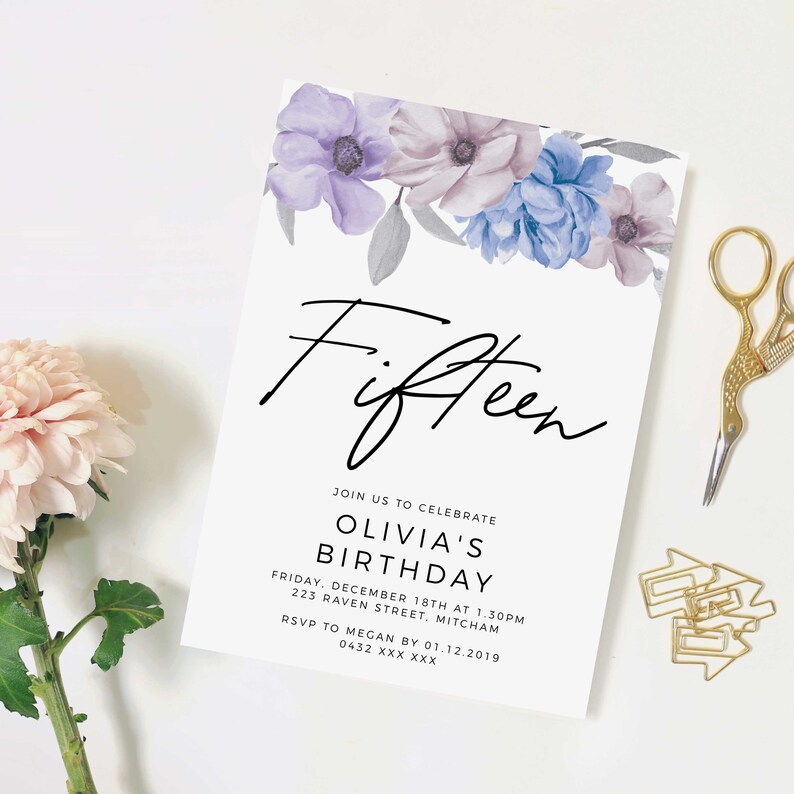 Purple Flower 15th Birthday Invitation INSTANT DOWNLOAD Etsy