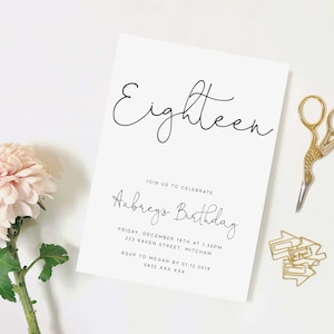 Editable Simple 18th Birthday Party Invitation Download Printable Digital Template Minimalist Modern Black White Boy or Girl Bday Invite Z15
