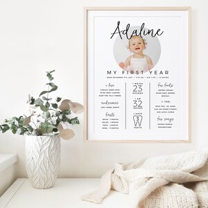 May include: A printable first year milestone poster for a baby girl named Adaline. The poster features a photo of the baby, her weight and height, favorite foods, and songs. The poster is decorated with a tooth icon and a circle with the baby's name.