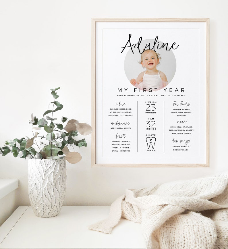May include: A printable first year milestone poster for a baby girl named Adaline. The poster features a photo of the baby, her weight and height, favorite foods, and songs. The poster is decorated with a tooth icon and a circle with the baby's name.