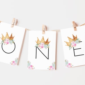 Editable Highchair Banner Template, Modern Pink Floral Gold Crown 1st Birthday Printable ONE Banner Girls First Birthday Decoration DIY Z313