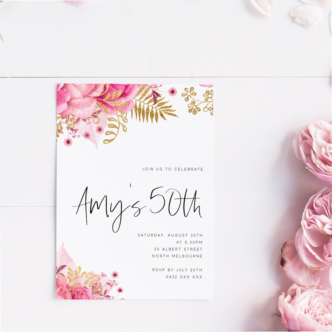 Editable Floral 50th Birthday Party Invitation Download Printable Digital Template Elegant Pink ...
