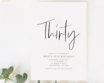 Editable Minimalist 30th Birthday Party Invitation Download Printable Digital Template Modern Black White Men Women Thirtieth Invite Z193
