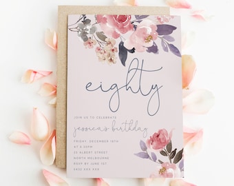 Editable Floral 80th Birthday Party Invitation Download Printable Digital Template Pink Wildflower Garden Watercolor Flower Women Invite Z14