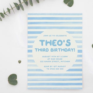 Editable Blue 3rd Birthday Party Invitation Download Printable Digital Template Pastel Blue Striped Fun Simple Kids Boys Third Invite Z259