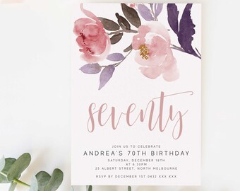 Editable Floral 70th Birthday Party Invitation Download Printable Digital Template Modern Pink Watercolor Wild Flowers Women Bday Invite Z35