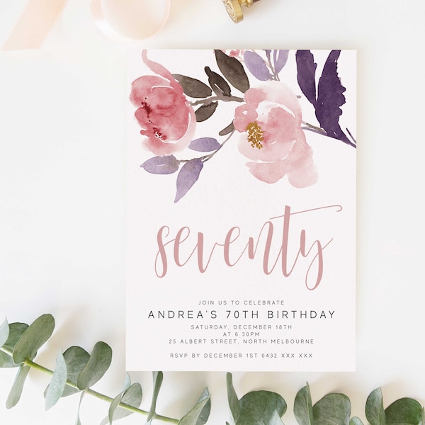 Editable Floral 70th Birthday Party Invitation Download Printable Digital Template Modern Pink Watercolor Wild Flowers Women Bday Invite Z35