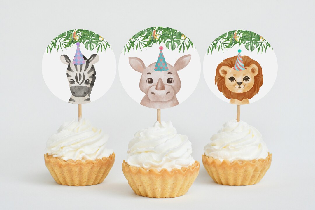 Party Animals Cupcake Toppers, Editable Template Safari Jungle Animals
