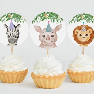 Party Animals Cupcake Toppers, Editable Template Safari Jungle Animals Party Decor, Wild One Zoo Animal Favor Tags Printable DIY Z293