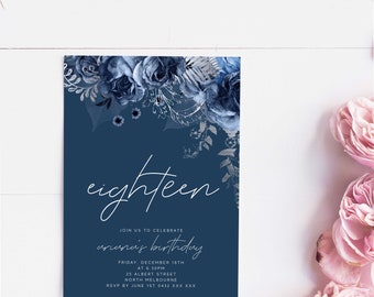 Editable Floral 18th Birthday Party Invitation Download Printable Digital Template Teen Girl Modern Navy Blue Flower Eighteenth Invite Z181