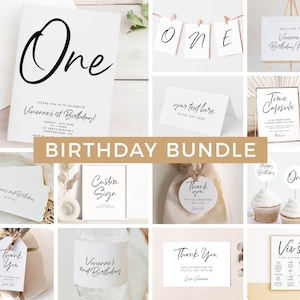 Modern 1st Birthday Invitation Bundle Minimalist First Birthday Bundle Simple 1st Birthday Party Package Editable Printable Templates Z60