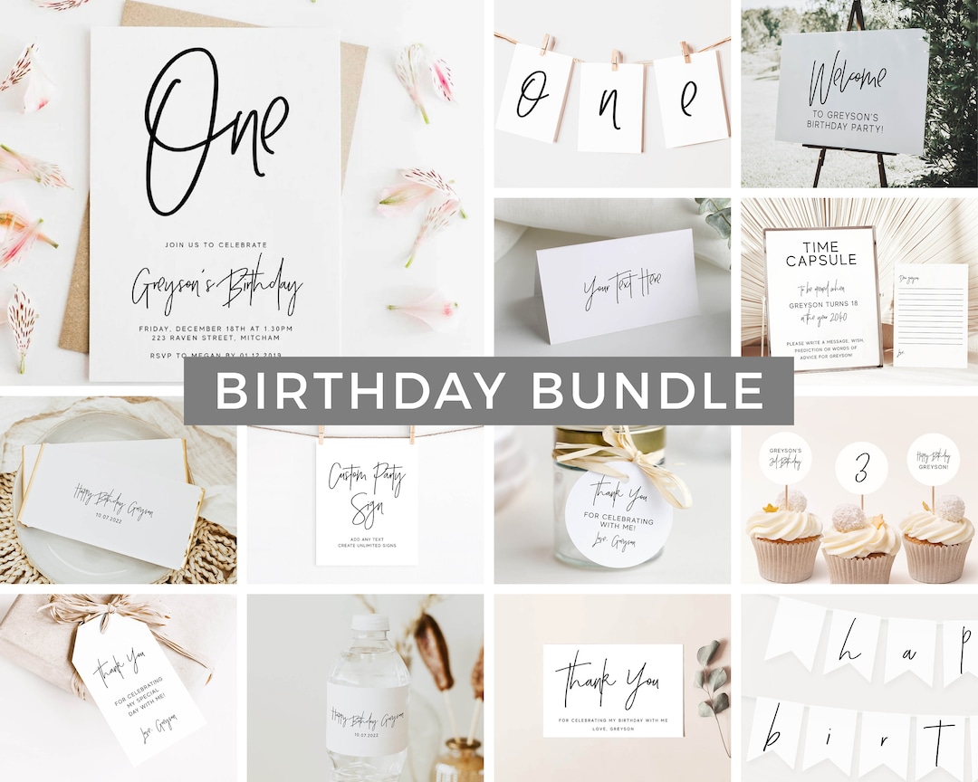 Editable Modern 1st Birthday Invitation Bundle Minimalist First Birthday  Kit Simple 1st Birthday Party Package Printable Templates Z126 - Etsy, image size:1080x864
