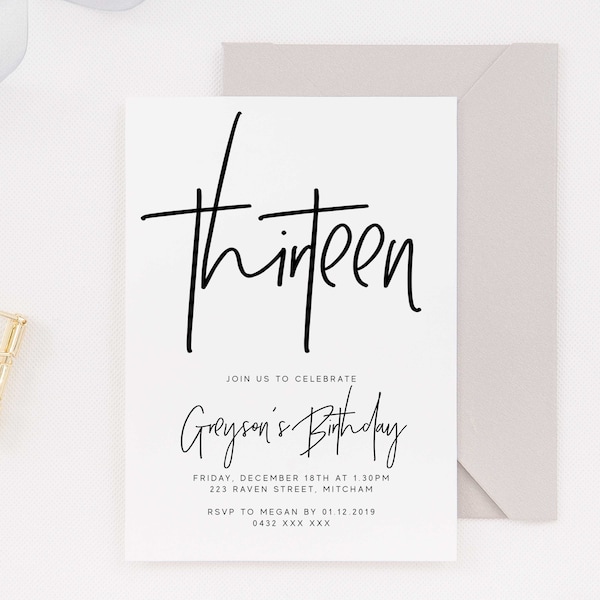 Editable Simple 13th Birthday Party Invitation Download Printable Digital Template Modern Minimalist White Boy Girl Thirteenth Invite Z126