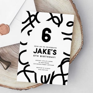 Editable Black & White 6th Birthday Party Invitation Download Printable Digital Template Modern Minimalist Fun Kids Boys Sixth Invite Z271