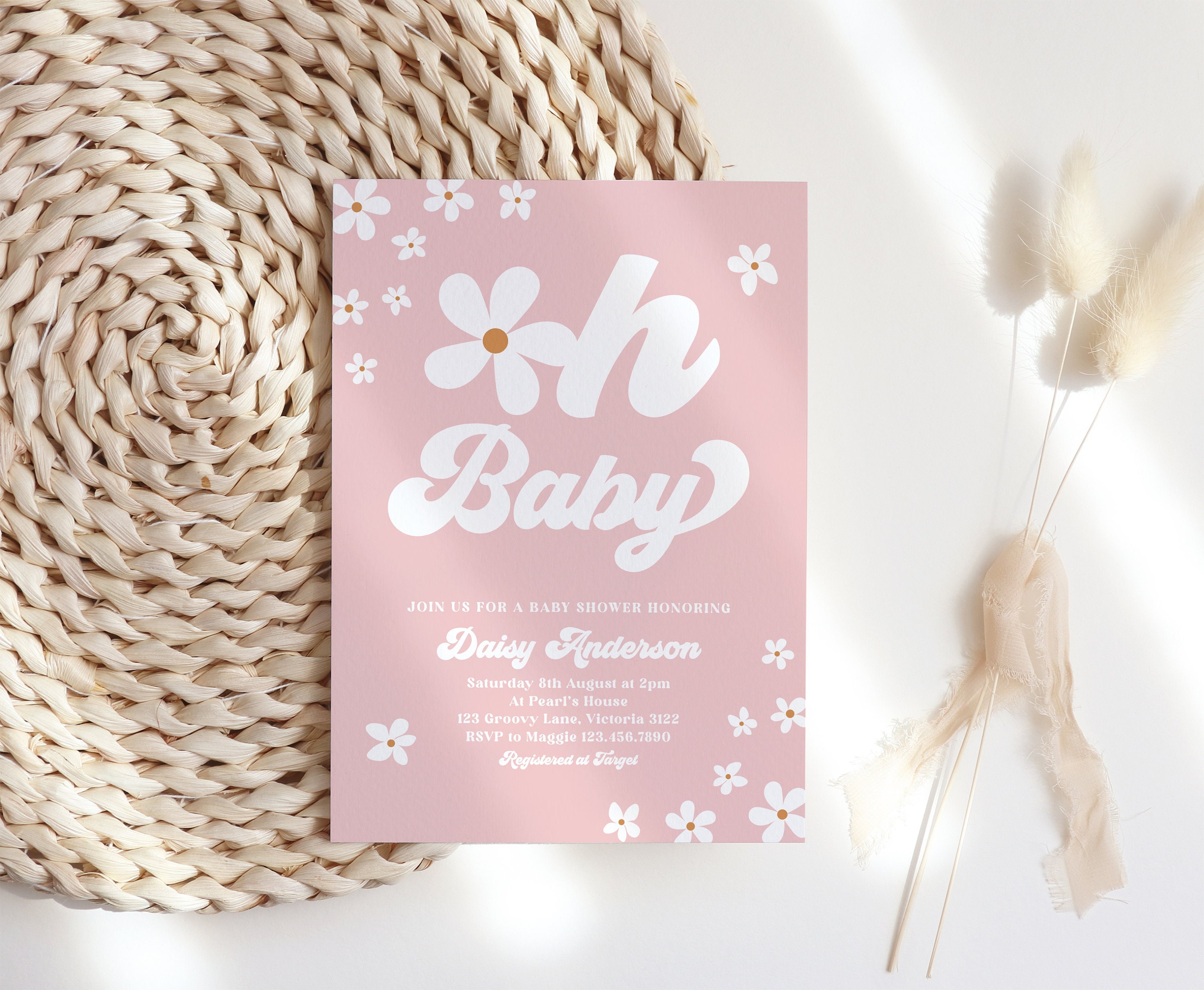 Daisy Baby Shower Invitation Template, Retro Groovy 70s Pink