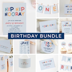 Birthday Invitation Bundle, 1st Birthday Party Bundle, Rainbow Birthday Decoration Templates, Editable Instant Download Party Decor DIY Z72