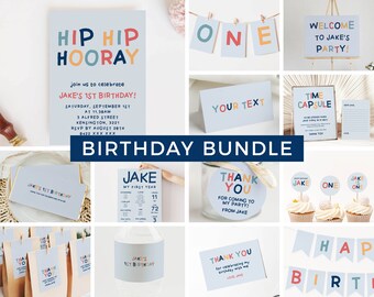 May include: A birthday party printable bundle with a colorful, modern design featuring the name "Jake" and the phrase "Hip Hip Hooray". The bundle includes invitations, thank you cards, cupcake toppers, a banner, and other party decorations.