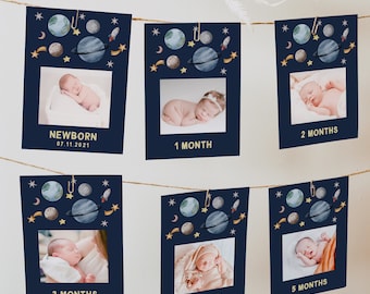 Editable Outer Space Birthday Banner Monthly Photo Banner Galaxy Planets Digital Download Printable First Trip Around the Sun Template Z292