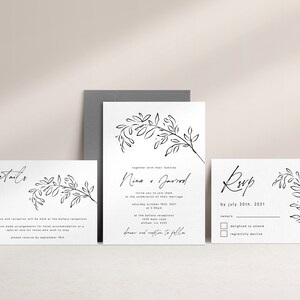 Conjunto de modelos de convite de casamento minimalista, convite de casamento, download editável, folha botânica moderna, convite de casamento para impressão, suíte WED05